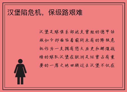 汉堡陷危机，保级路艰难