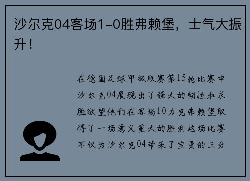 沙尔克04客场1-0胜弗赖堡，士气大振升！