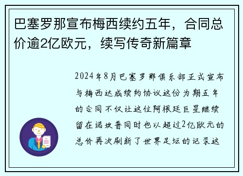 巴塞罗那宣布梅西续约五年，合同总价逾2亿欧元，续写传奇新篇章