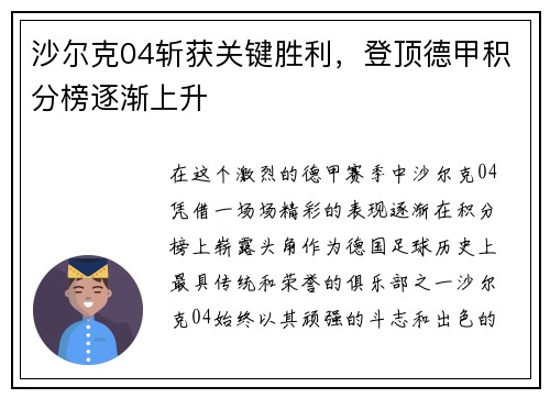 沙尔克04斩获关键胜利，登顶德甲积分榜逐渐上升